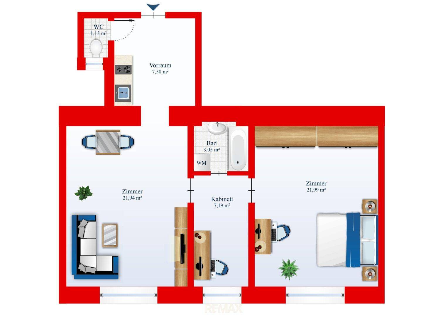 Übersichtlicher Grundriss der Wohnung mit Aufteilung in Zimmer, Bad, WC und Vorraum.