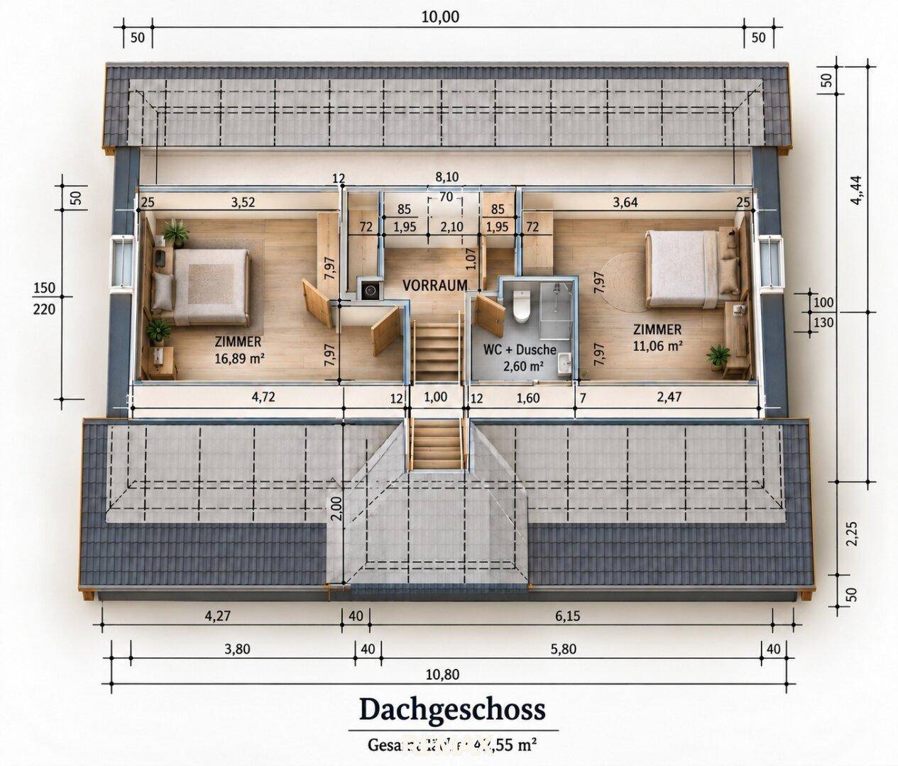 Grundriss des Dachgeschosses mit zwei Zimmern, Vorraum und WC mit Dusche.