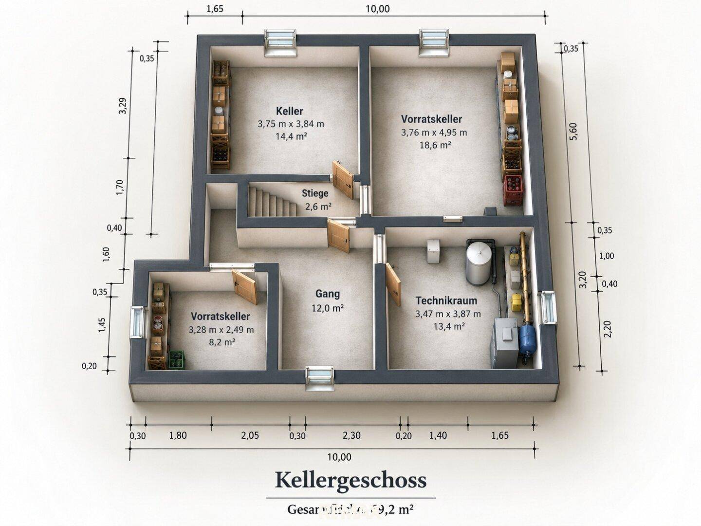 Grundriss des Kellergeschosses mit mehreren Kellerräumen, Technikraum und Gang.