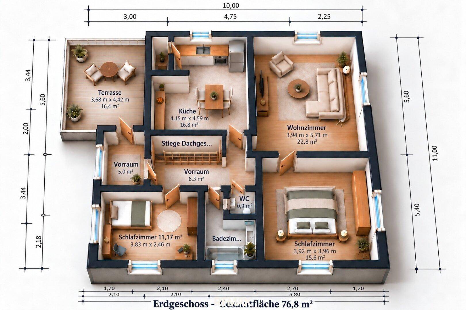 Grundriss des Erdgeschosses mit Wohnzimmer, Küche, Schlafzimmern und Terrasse.