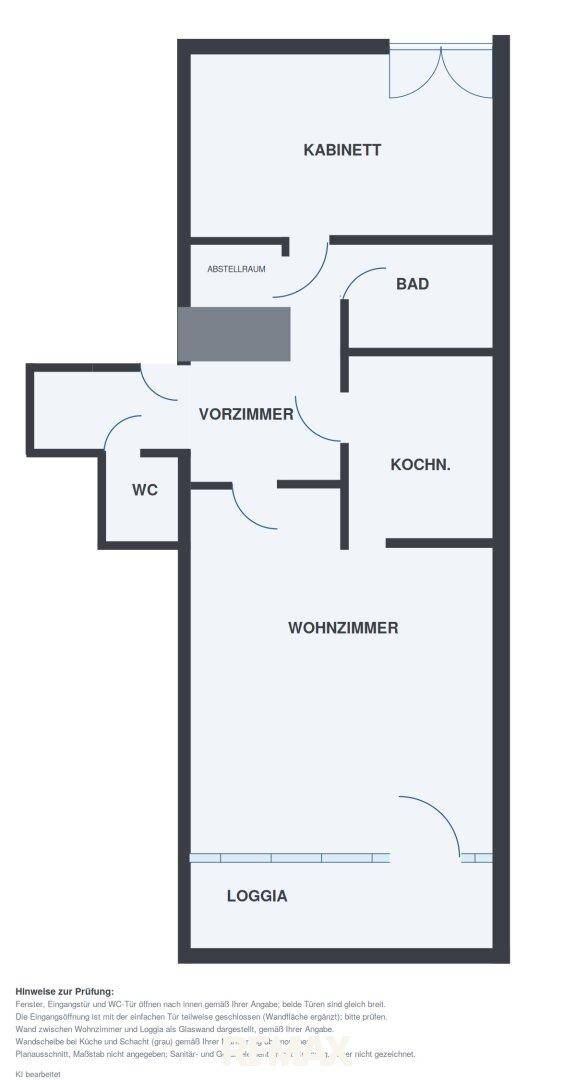 Grundriss der Wohnung mit Loggia, Wohnzimmer, Küche, Bad und separatem WC, zeigt die Raumaufteilung.