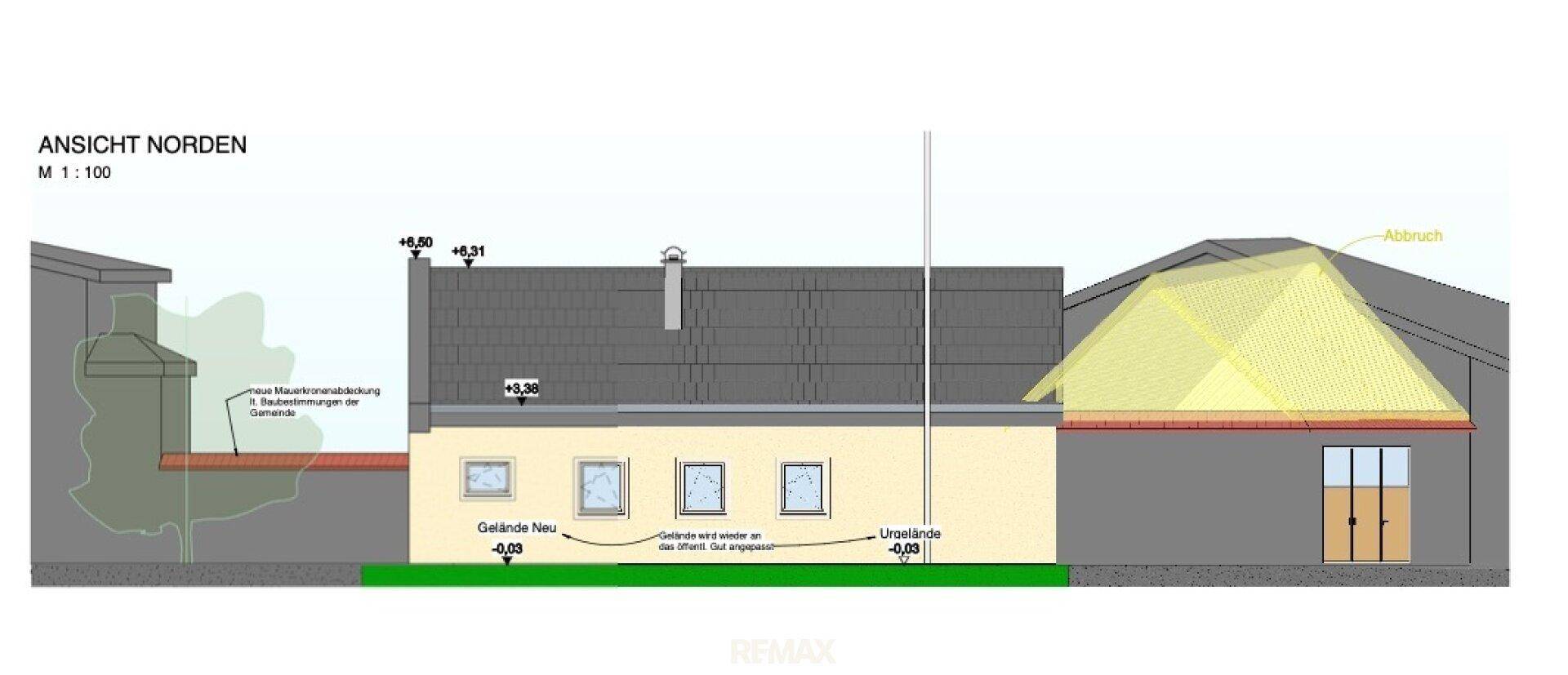 Architektonische Nordansicht des geplanten Gebäudes mit Dach und Fenstern.