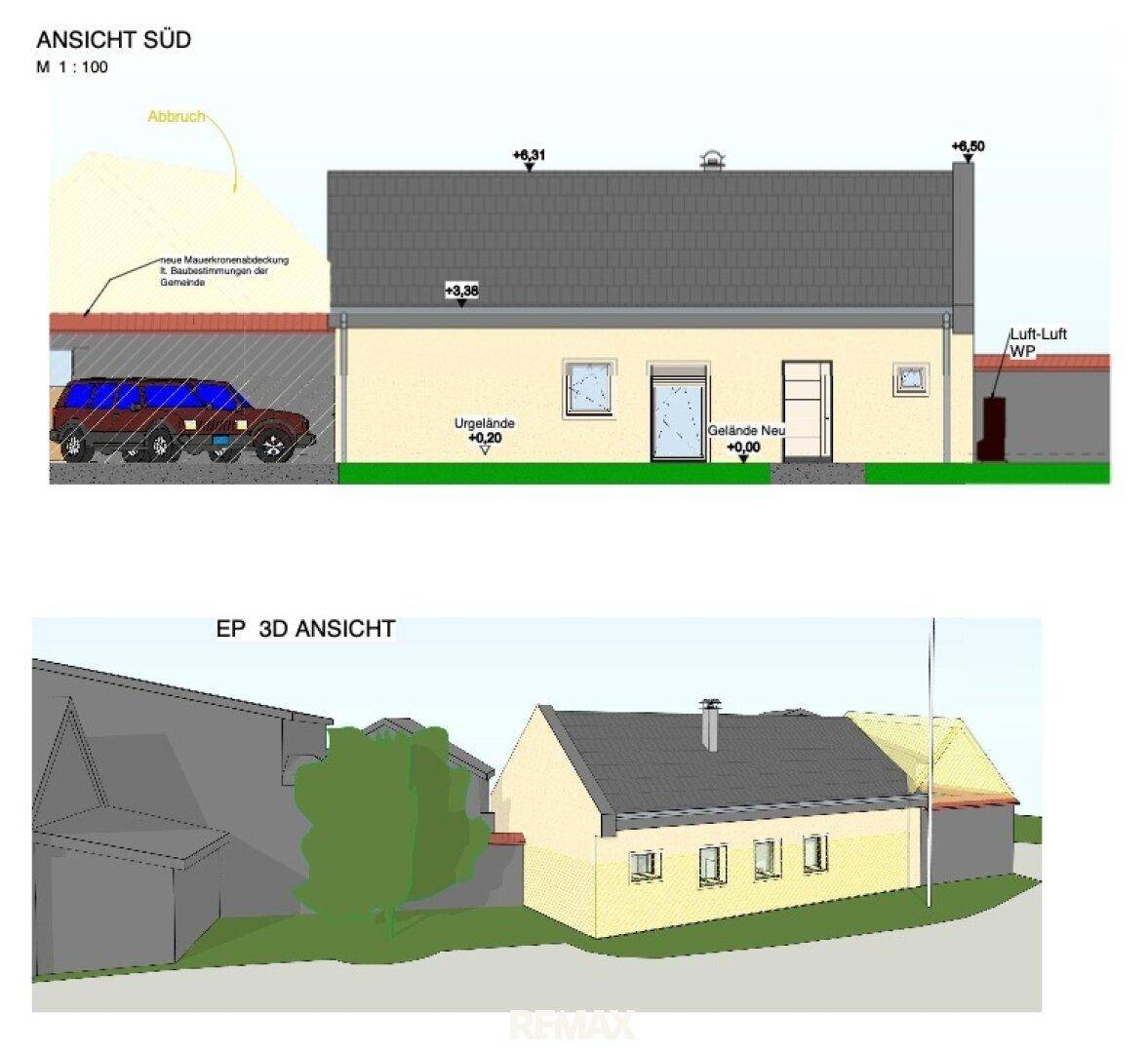 Architektonische Südansicht und 3D-Ansicht des geplanten Gebäudes mit Carport.