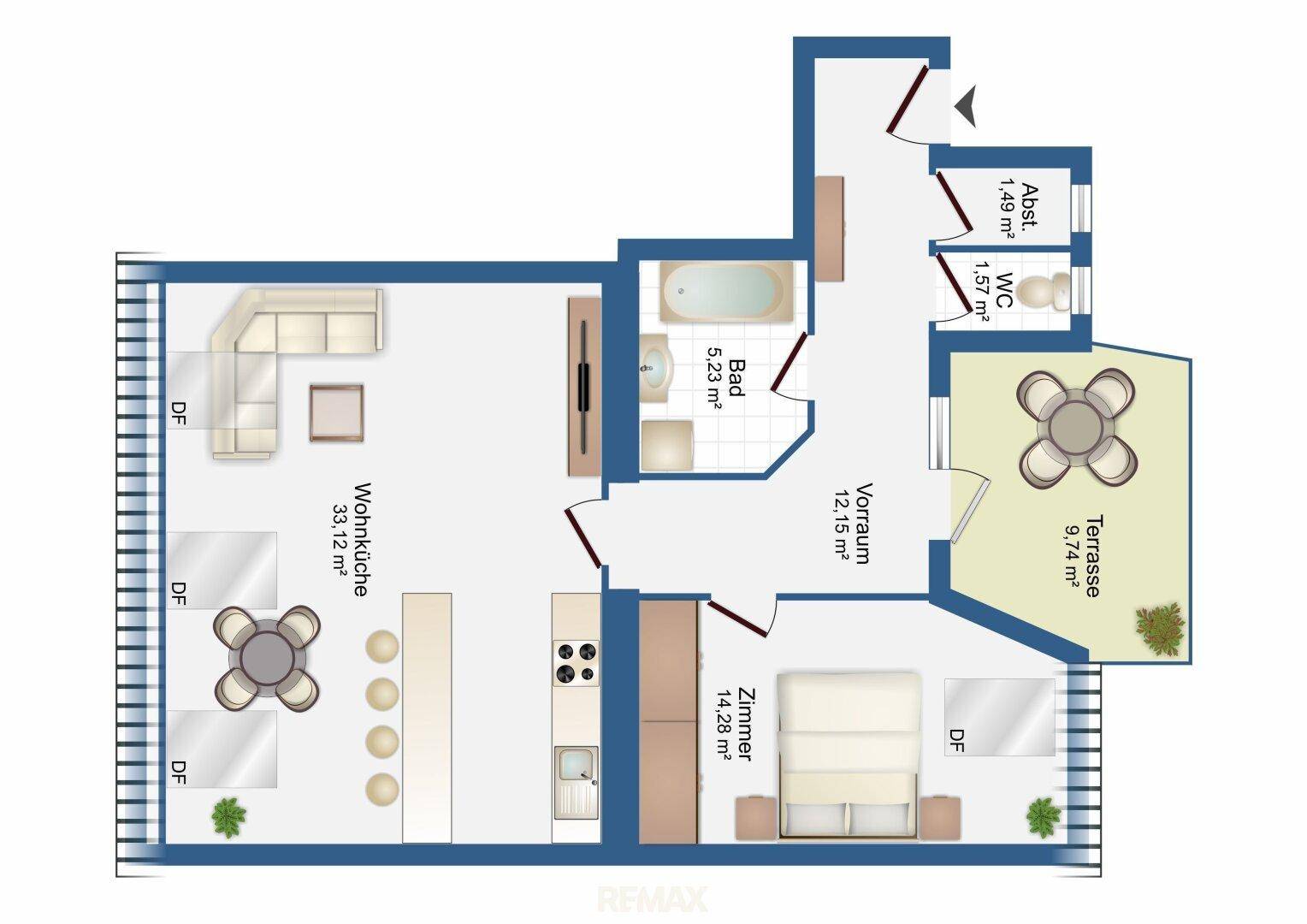 Grundriss einer Wohnung mit offener Wohnküche, einem Schlafzimmer, Bad, separatem WC und einer großzügigen Terrasse sowie Balkon.