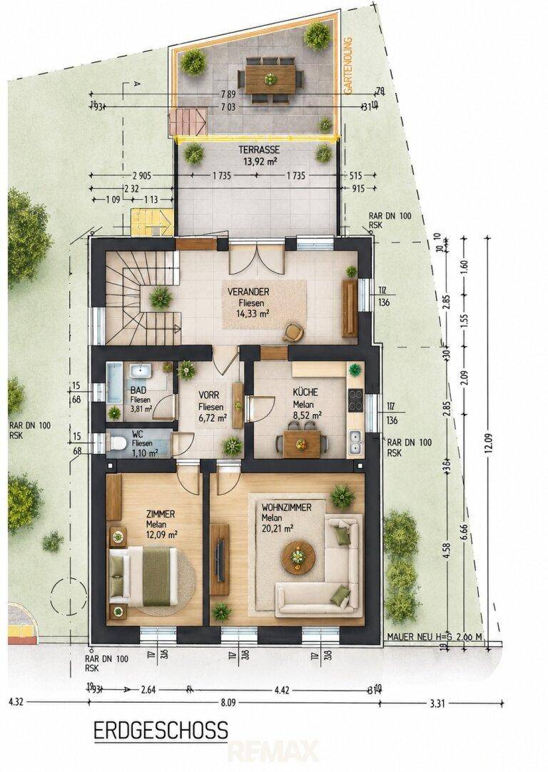 Grundriss des Erdgeschosses mit Wohnzimmer, Küche, Bad, Zimmer und großer Terrasse.