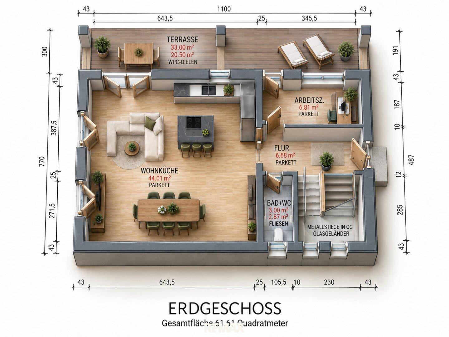 Grundriss des Erdgeschosses mit offener Wohnküche, Terrasse und Arbeitszimmer.