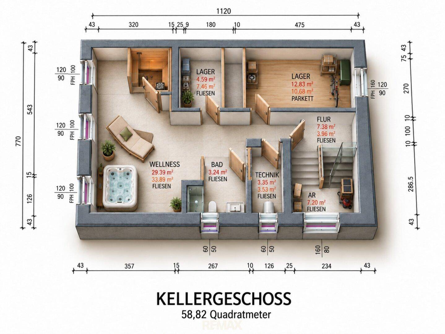 Grundriss des Kellergeschosses mit Wellnessbereich, Sauna, Bad und Lagerräumen.