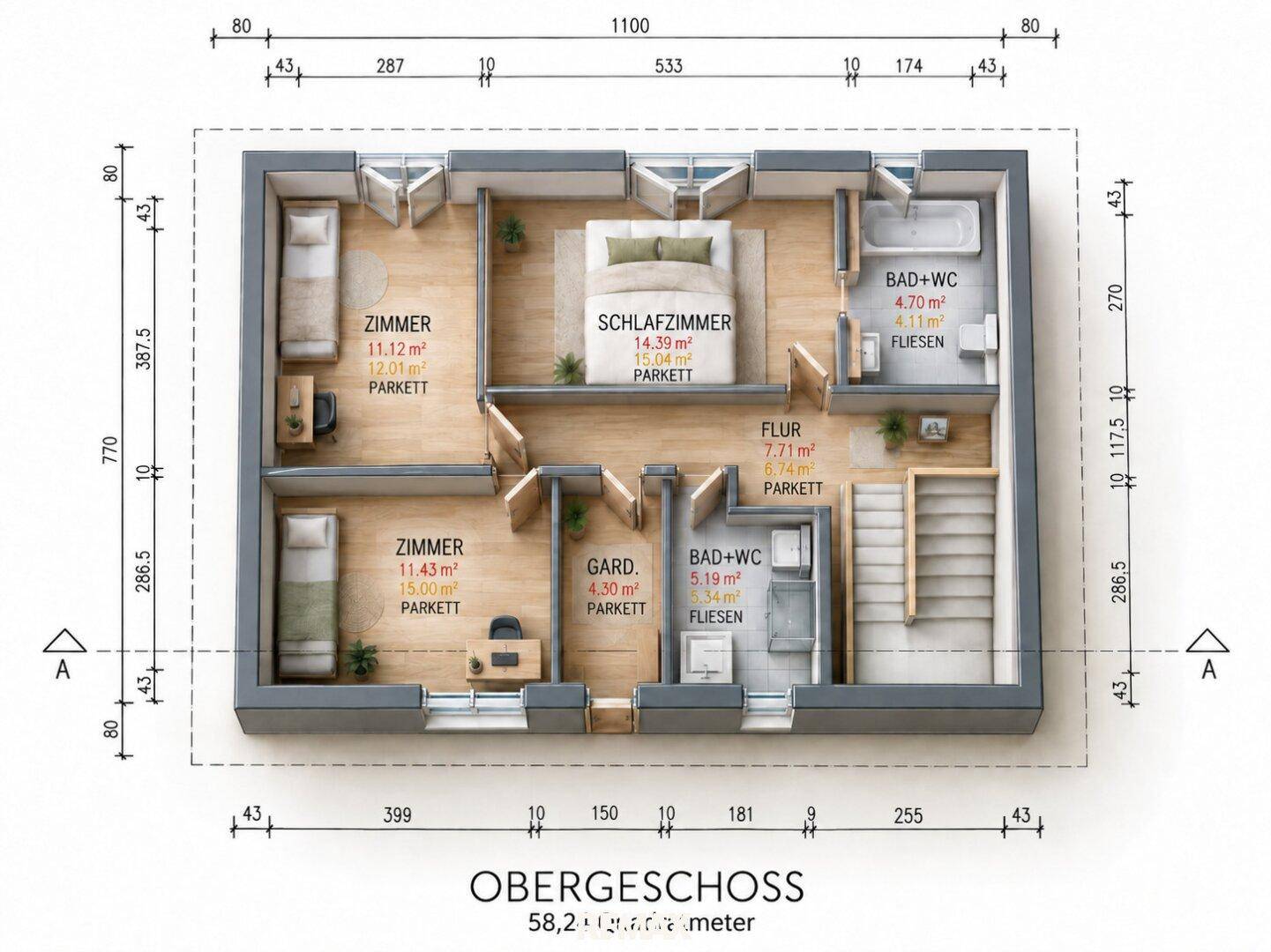 Grundriss des Obergeschosses mit drei Schlafzimmern, zwei Bädern und Ankleidebereich.