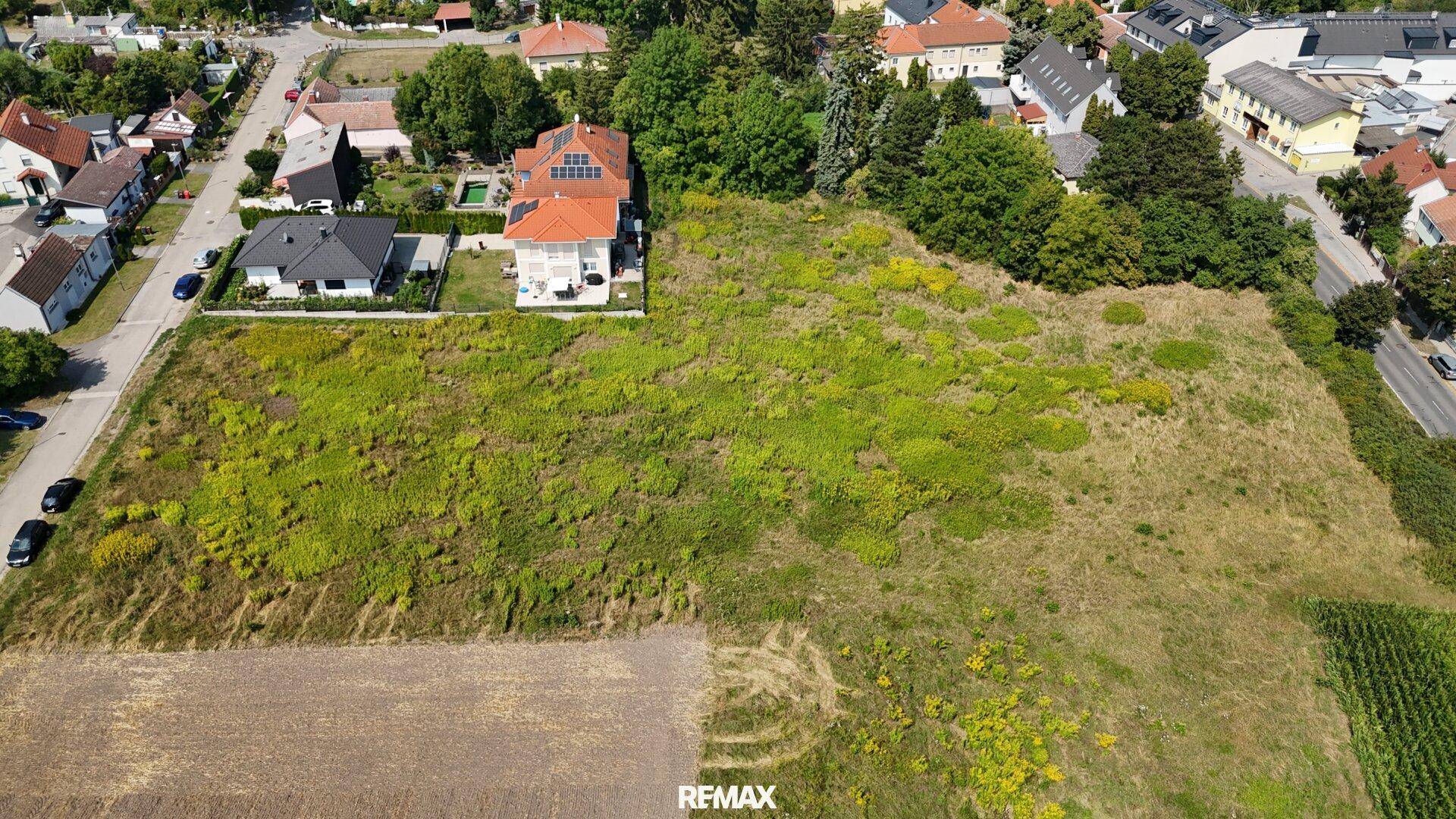 Luftaufnahme eines großen unbebauten Grundstücks, umgeben von bestehenden Wohnhäusern und Straßen.