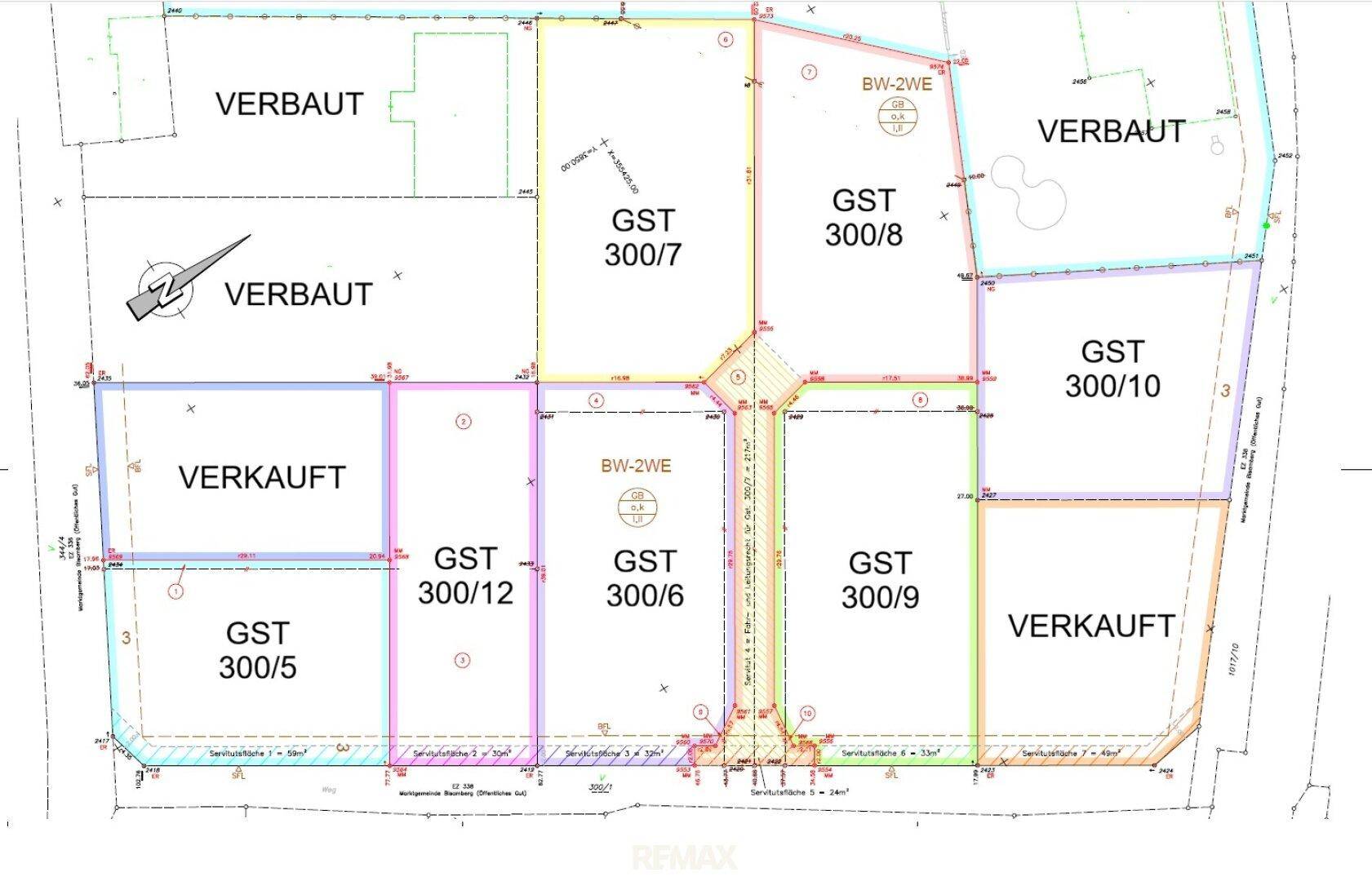 Übersichtlicher Katasterplan mit Parzellierung und Kennzeichnung der einzelnen Grundstücksflächen.