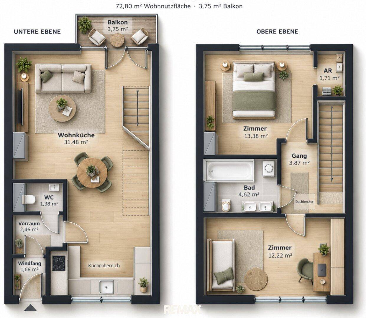 Grundriss einer Maisonette-Wohnung mit zwei Ebenen, Balkon und drei Zimmern.