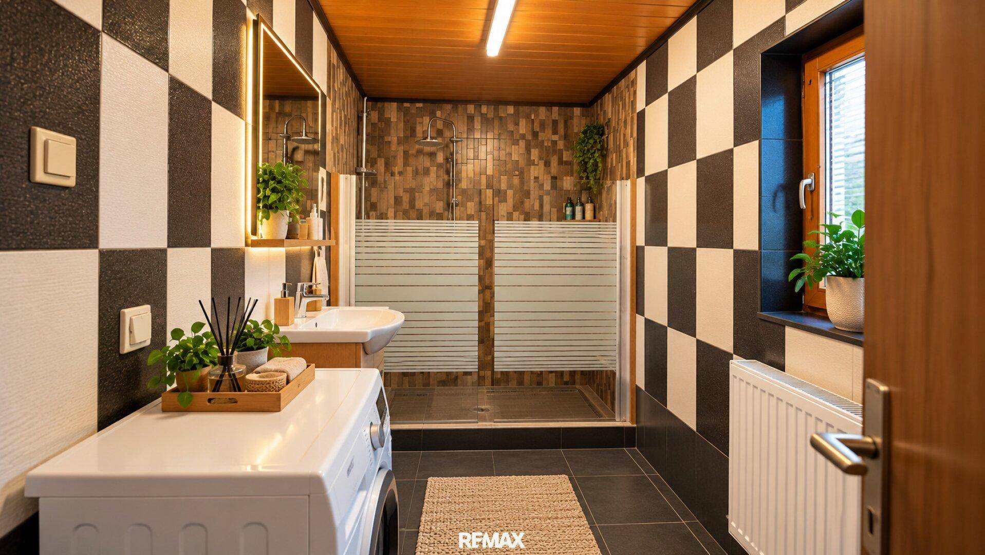 Modernes Badezimmer mit markanten schwarz-weißen Fliesen, Dusche und warmer Holzdecke.