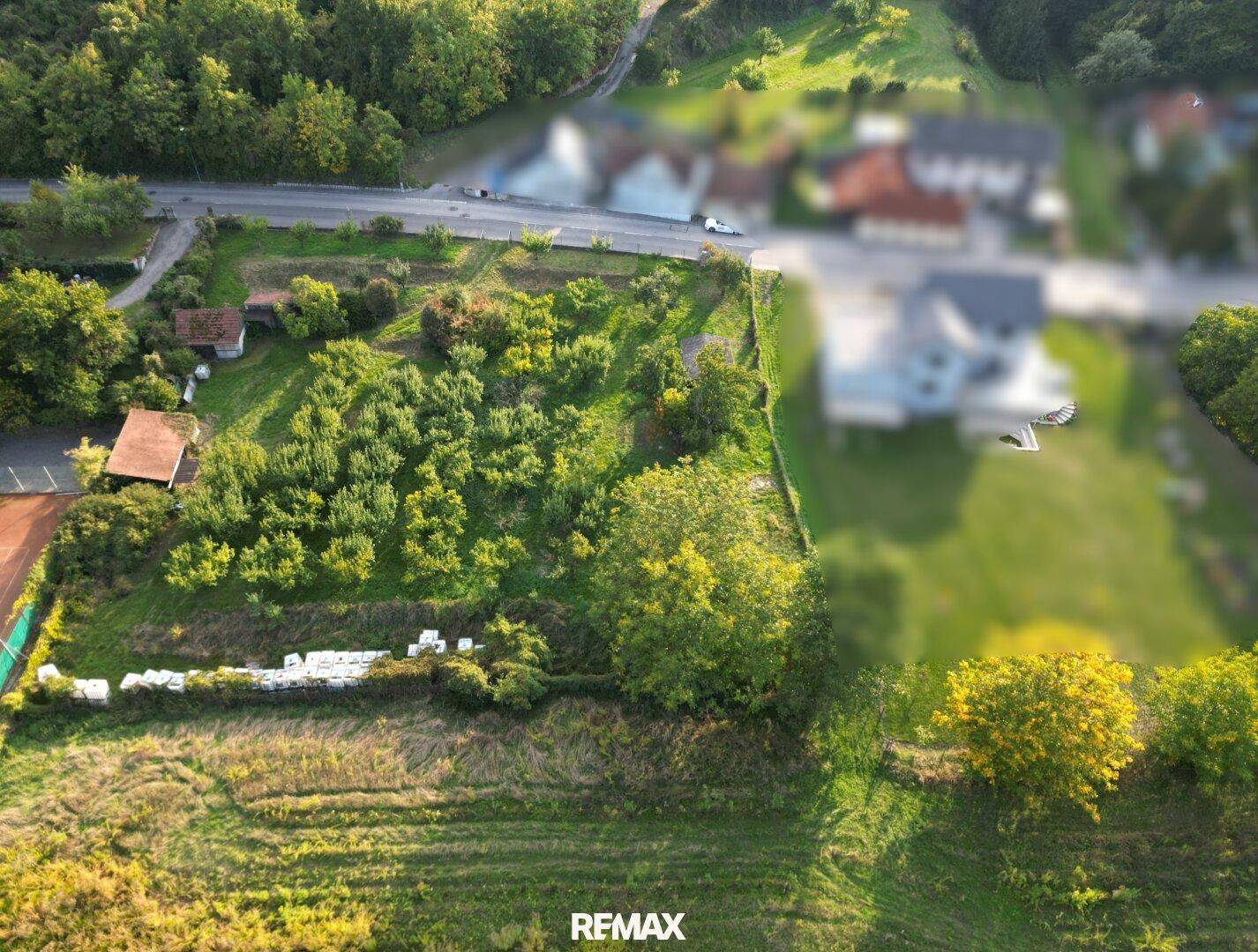 Weitläufige Luftaufnahme einer grünen Landschaft mit Baumbestand, unbebauten Flächen und Häusern in der Ferne.
