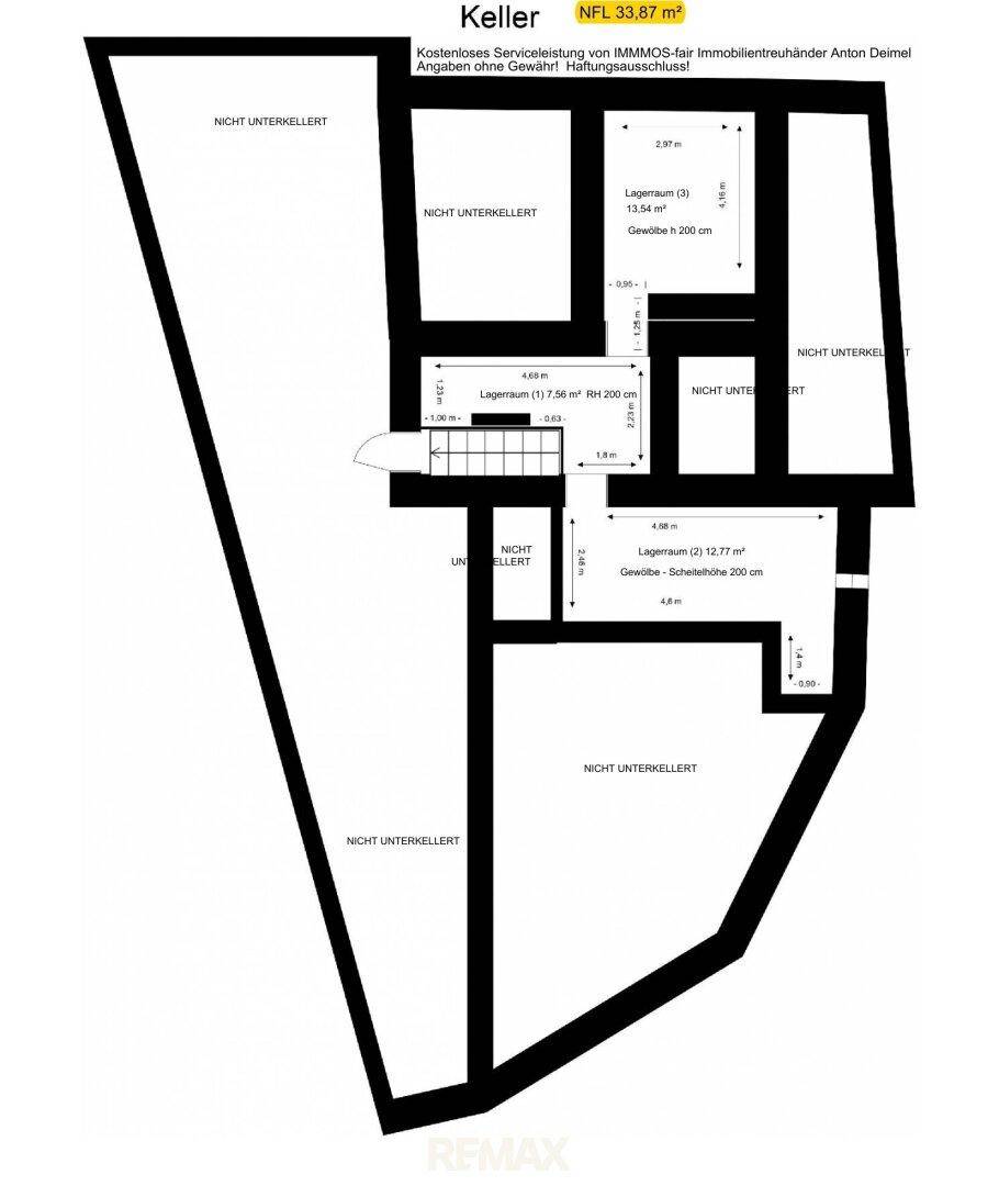 Grundriss des Kellers mit verschiedenen Lagerräumen und nicht unterkellerten Bereichen.