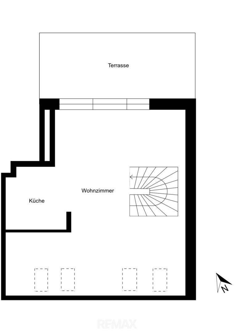 Grundriss der oberen Ebene mit Wohnzimmer, Küche und Terrasse.