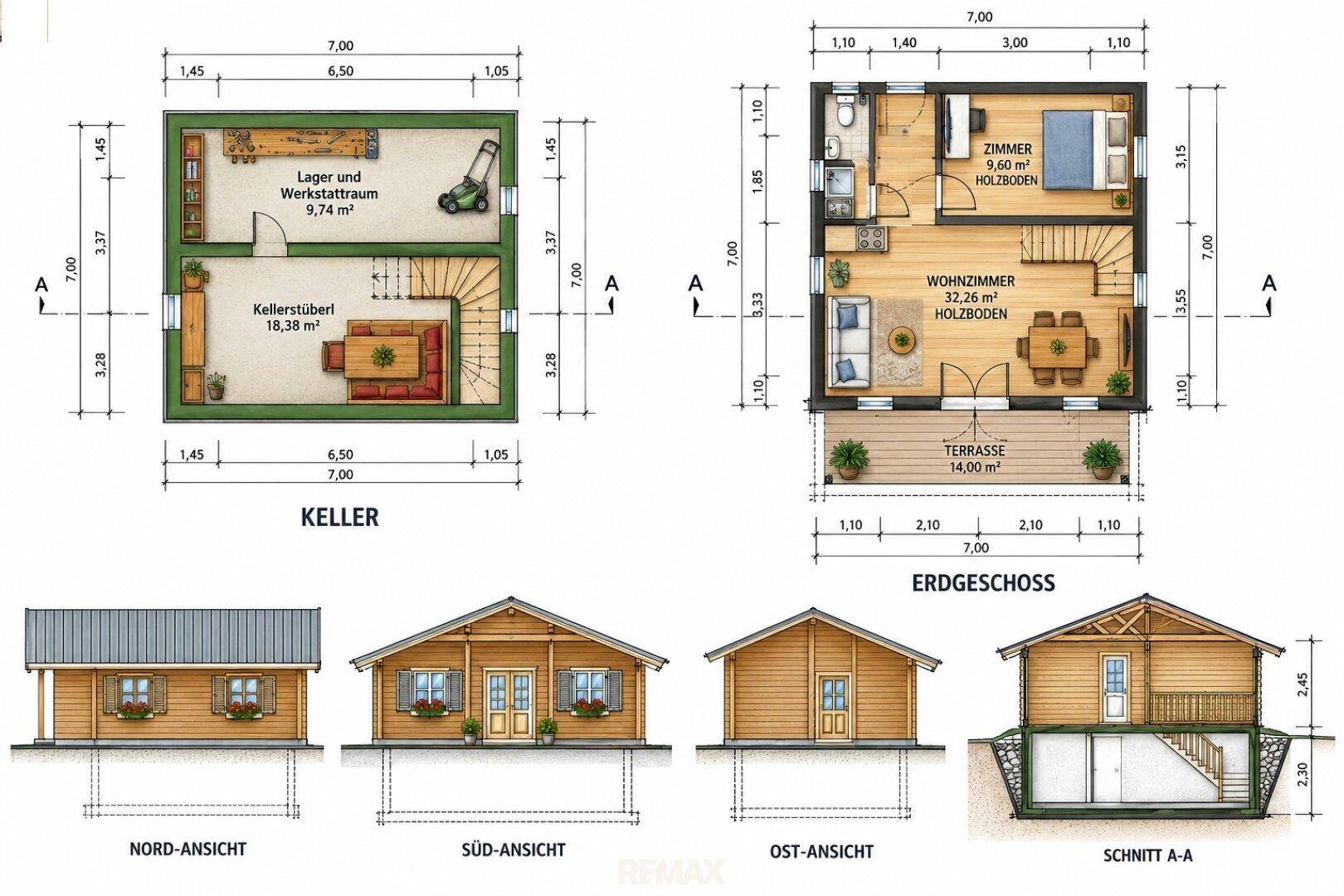 Detaillierter Grundriss und Ansichten des Hauses mit Keller und Erdgeschoss.