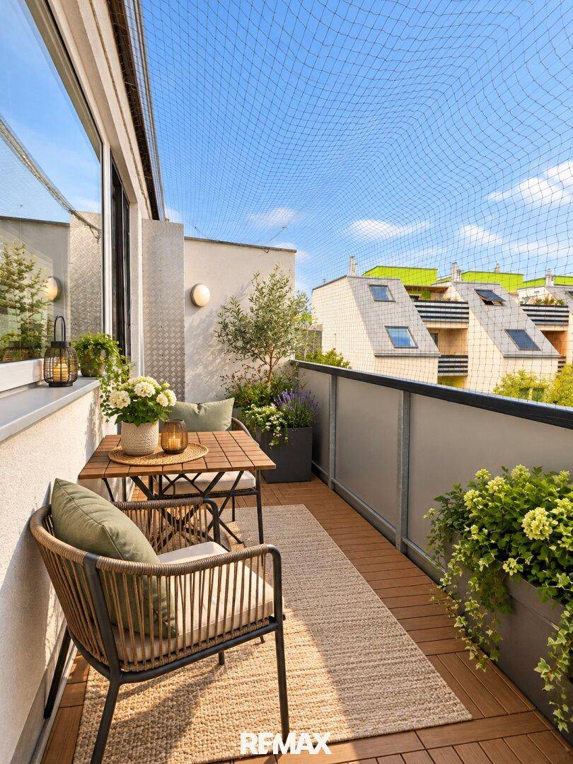Gemütlicher Balkon mit Holzboden, Sitzgelegenheiten und Pflanzen.