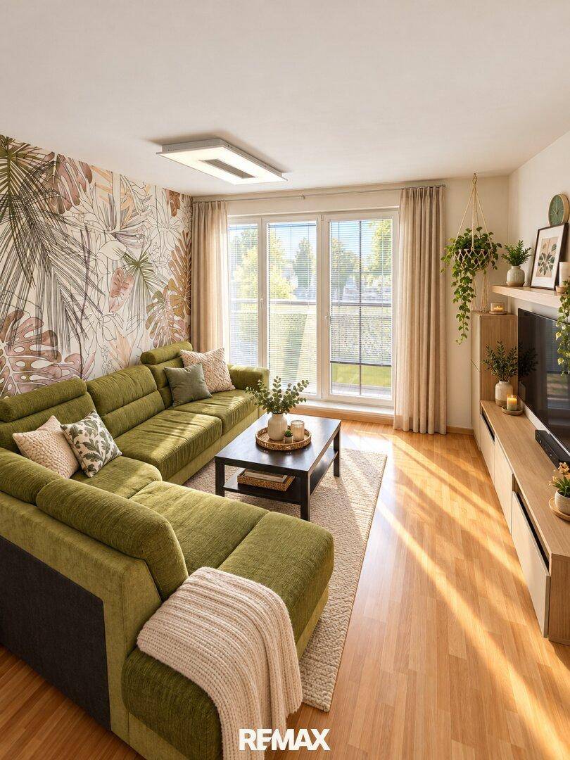 Gemütliches Wohnzimmer mit großem Sofa, Holzboden und tropischer Tapete.