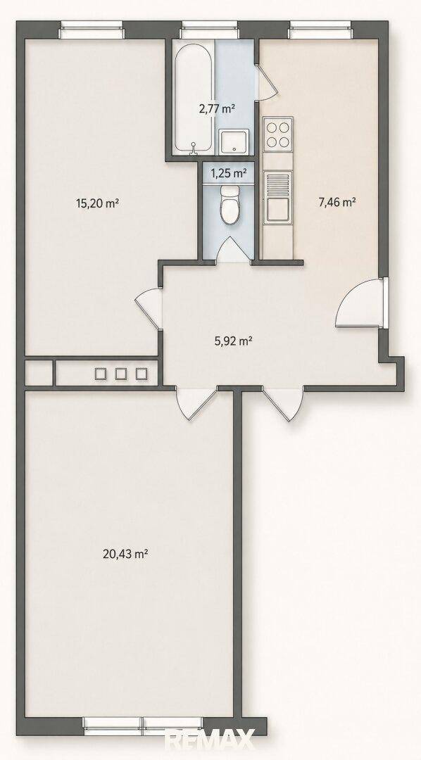Übersichtlicher Grundriss der Wohnung mit Raumaufteilung und Flächenangaben in Quadratmetern.