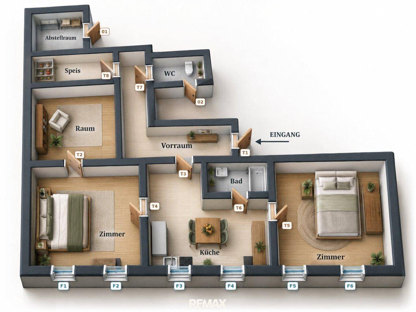Detaillierter 3D-Grundriss einer Wohnung mit Küche, Bad, WC, Abstellraum und mehreren Zimmern.