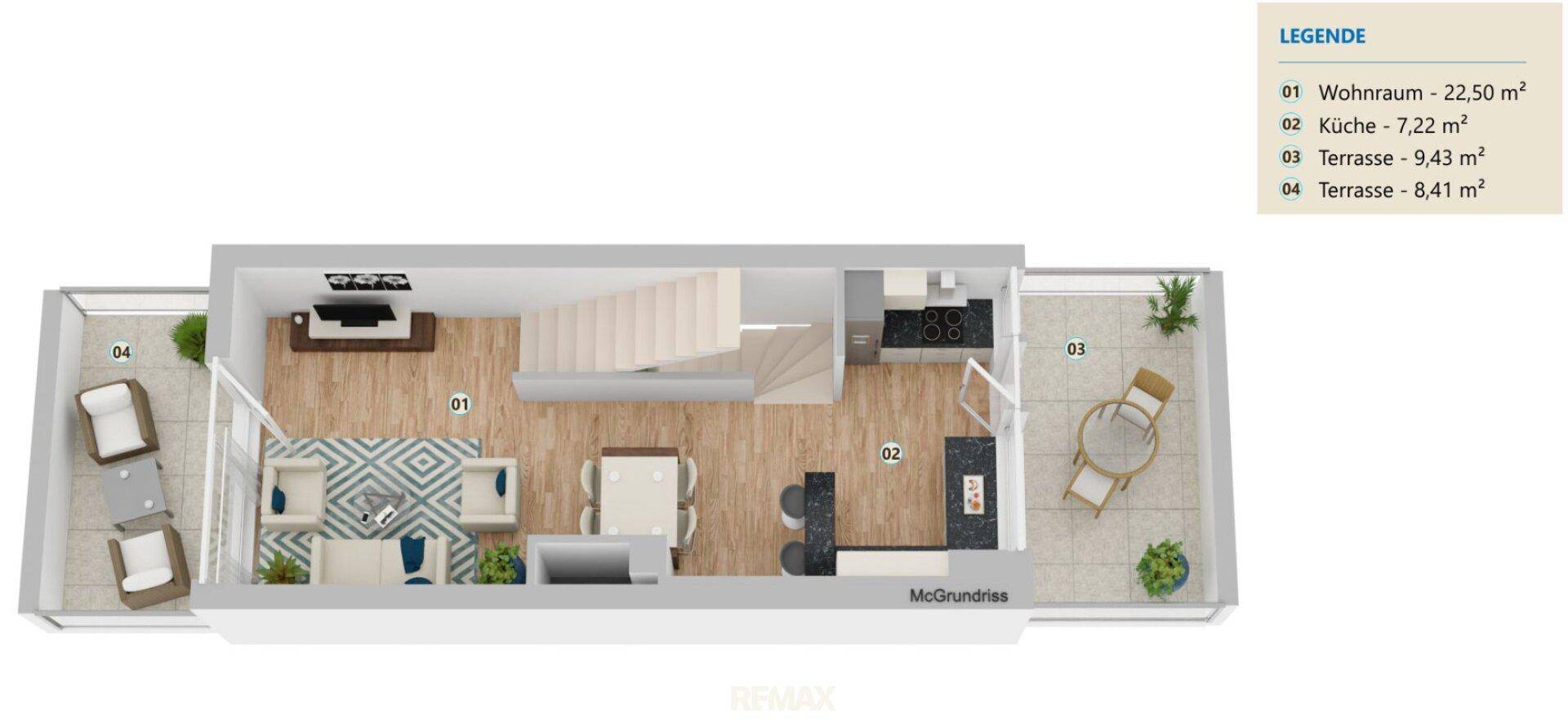 3D-Grundriss des Erdgeschosses mit offenem Wohnbereich, Küche und zwei Terrassen.