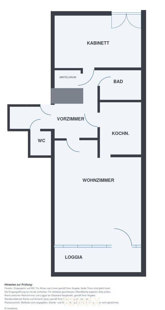 Grundriss einer Wohnung mit separatem WC, Abstellraum und einer Loggia.