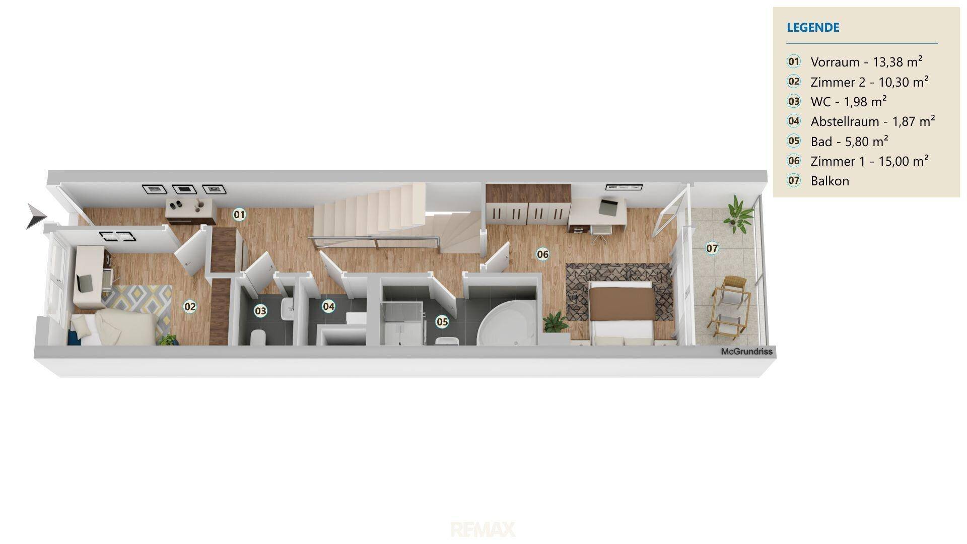 3D-Grundriss einer Etage mit mehreren Zimmern, Bad, WC und einem Balkon.