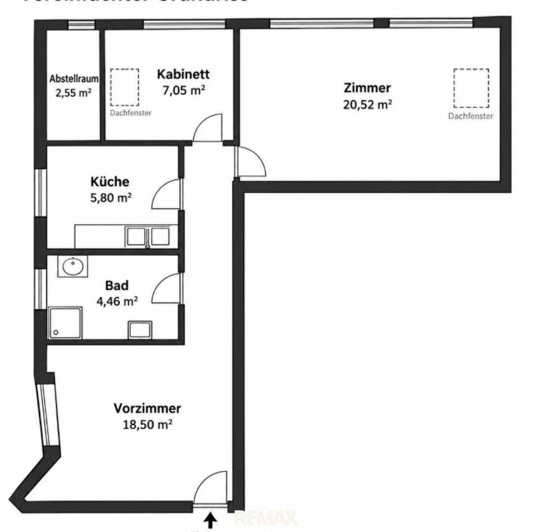 Grundriss der Wohnung mit Zimmern, Küche, Bad, Abstellraum und Dachfenstern.