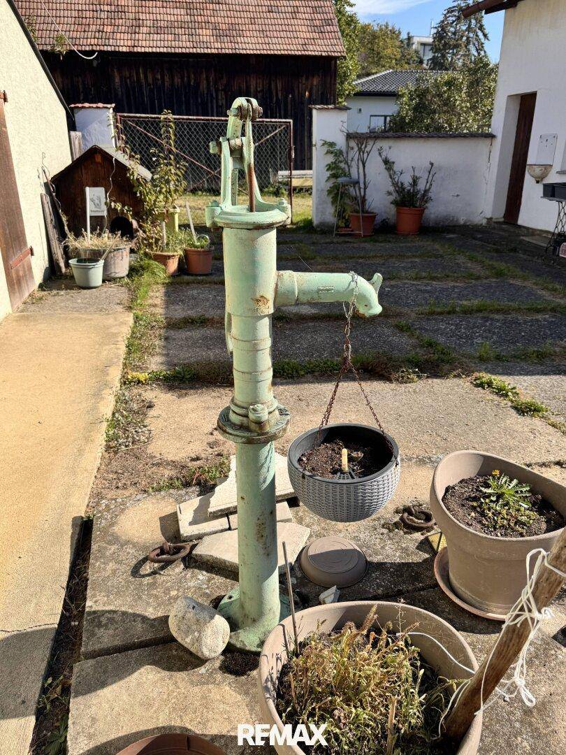 Alter Wasserbrunnen im gepflasterten Hofbereich, umgeben von Topfpflanzen.