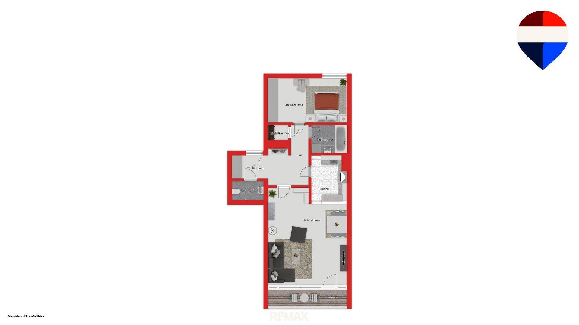 Grundriss einer Wohnung mit einem Schlafzimmer, Wohnbereich, Küche, Bad und separatem Gäste-WC sowie einem Balkon.