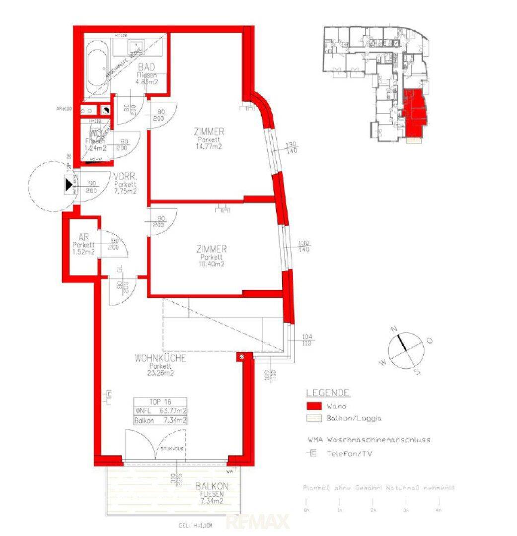 Detaillierter Grundriss der Wohnung mit Raumaufteilung und Balkonflächen.