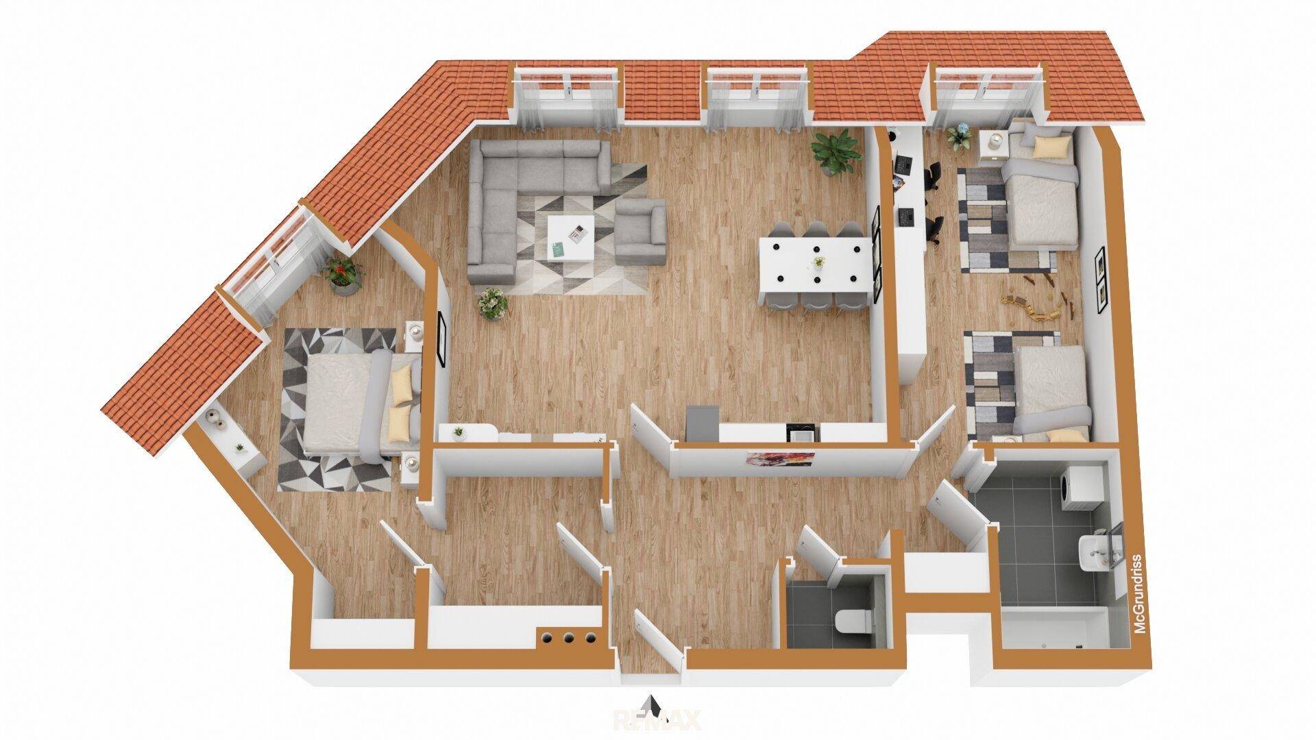 Grundriss einer modernen Dachgeschosswohnung mit offenem Wohnbereich, zwei Schlafzimmern und zwei Bädern.