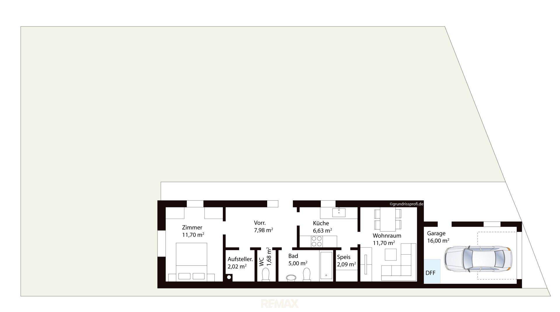 Grundriss einer Wohnung mit Schlafzimmer, Wohnraum, Küche, Bad, separatem WC und Garage.