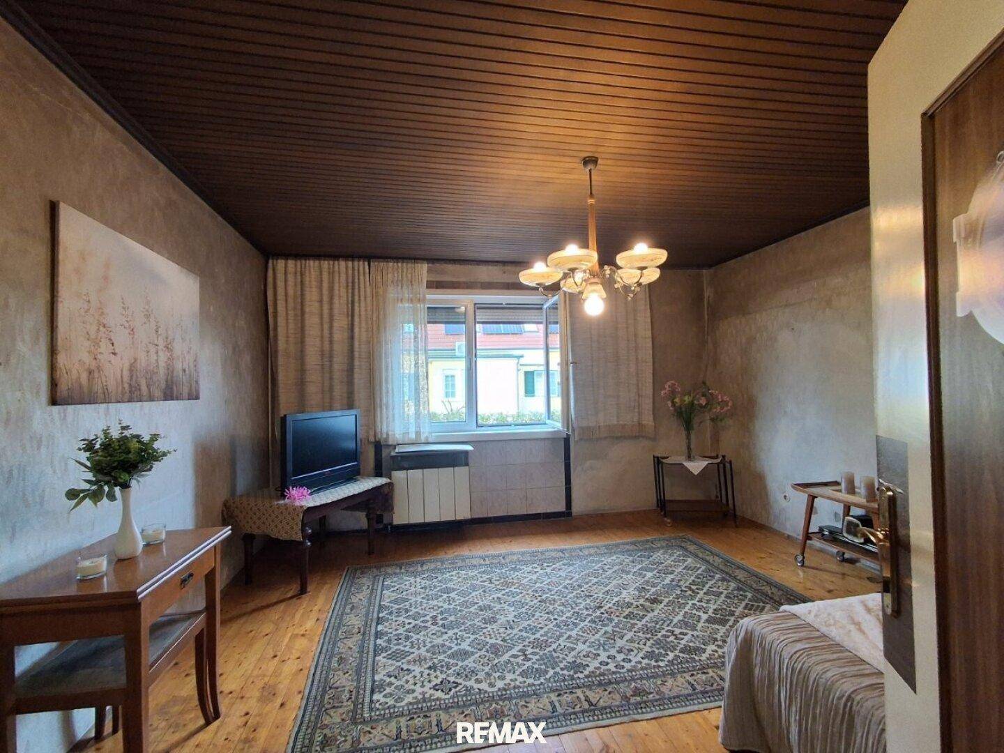 Wohnzimmer mit Holzboden, Teppich, Fernseher und Fenster, das viel Tageslicht hereinlässt.