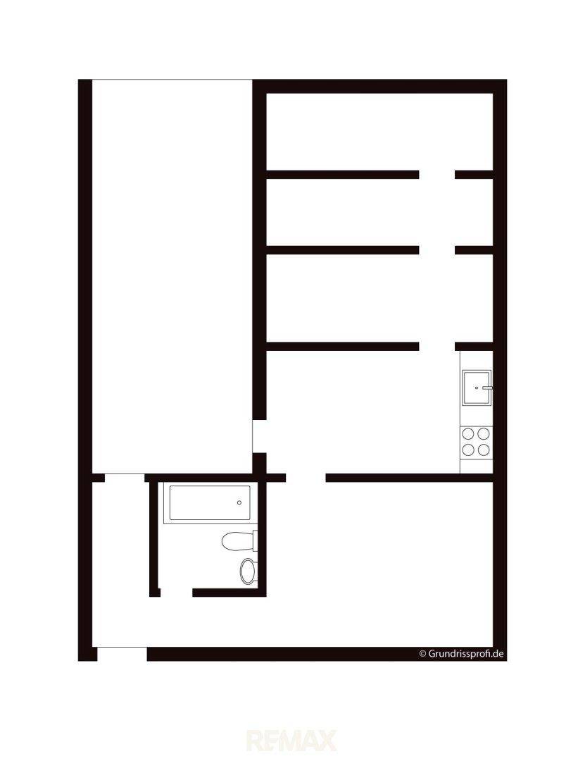 Grundriss einer unmöblierten Wohnung mit Badezimmer und offener Küche, ideal zur individuellen Gestaltung.