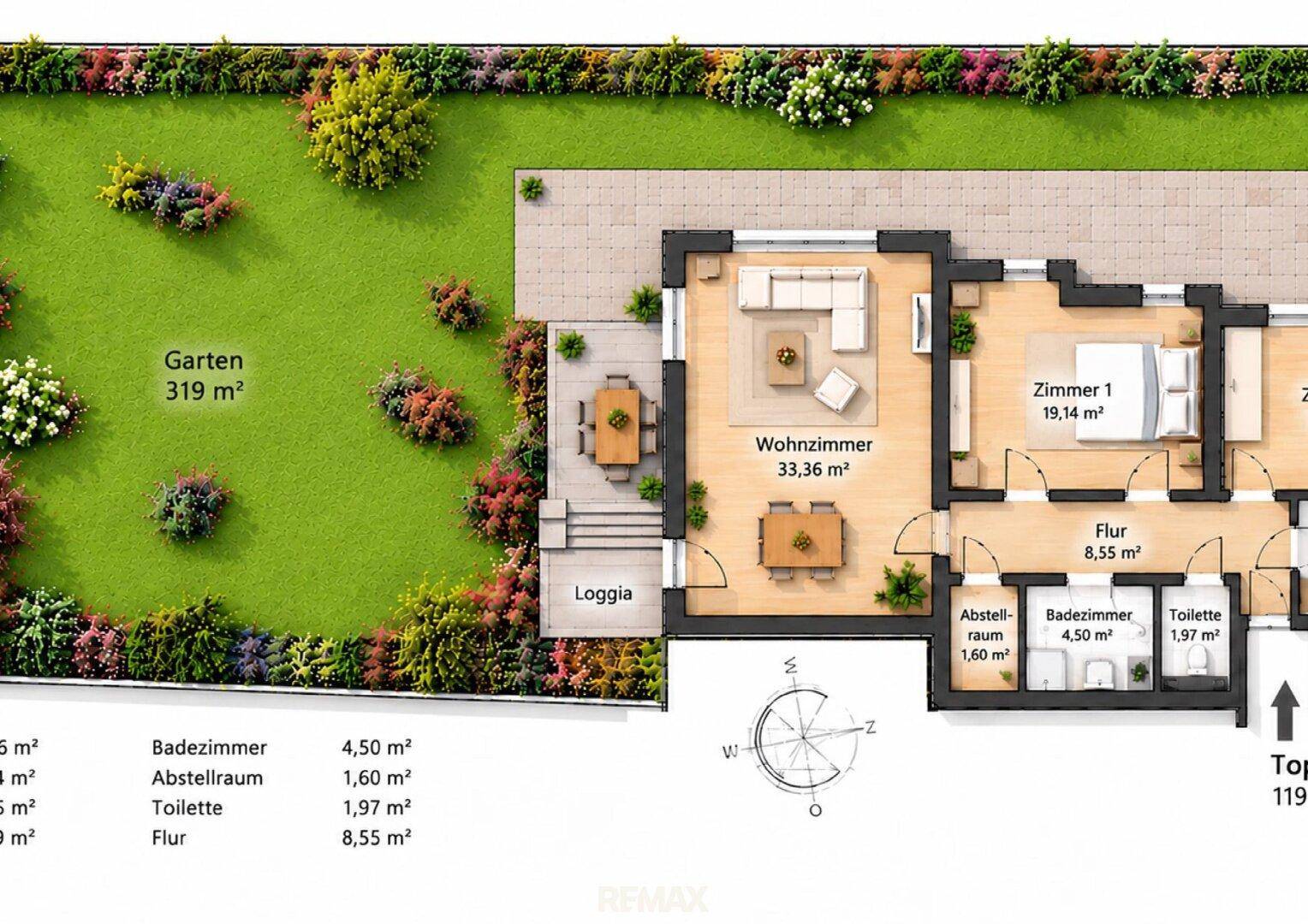Detaillierter Grundriss mit Wohnzimmer, Schlafzimmer und großem Gartenbereich.
