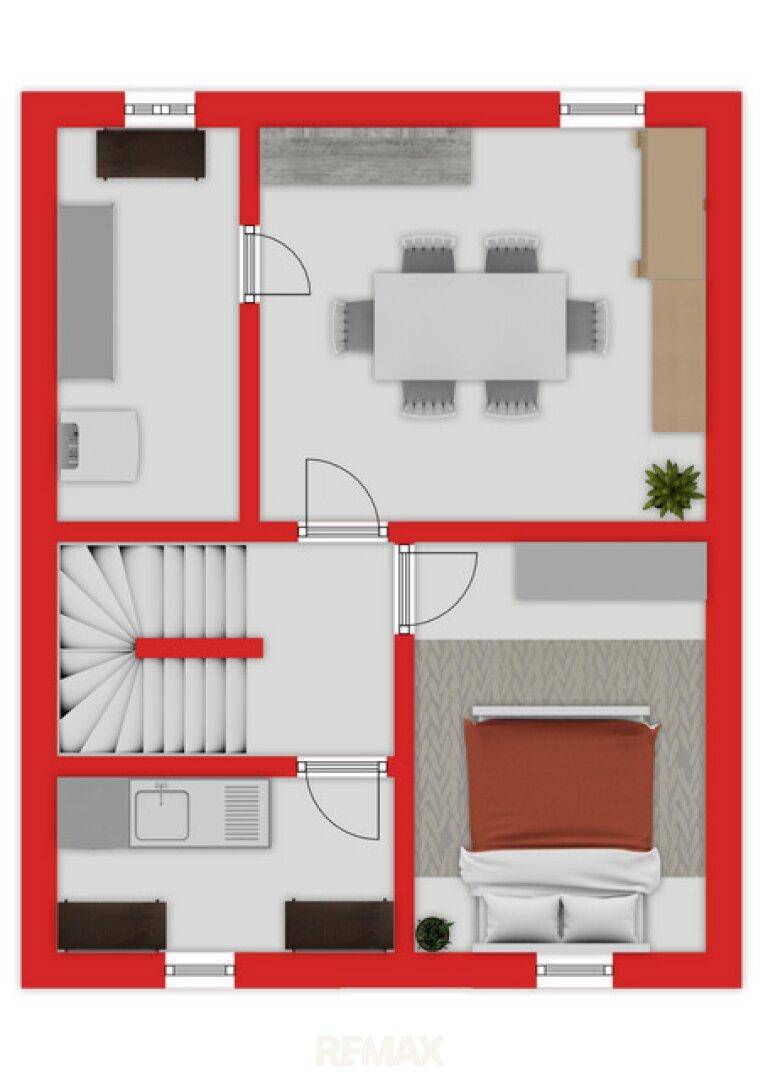 Grundriss des Erdgeschosses mit Schlafzimmer, Bad, Küche und Essbereich.