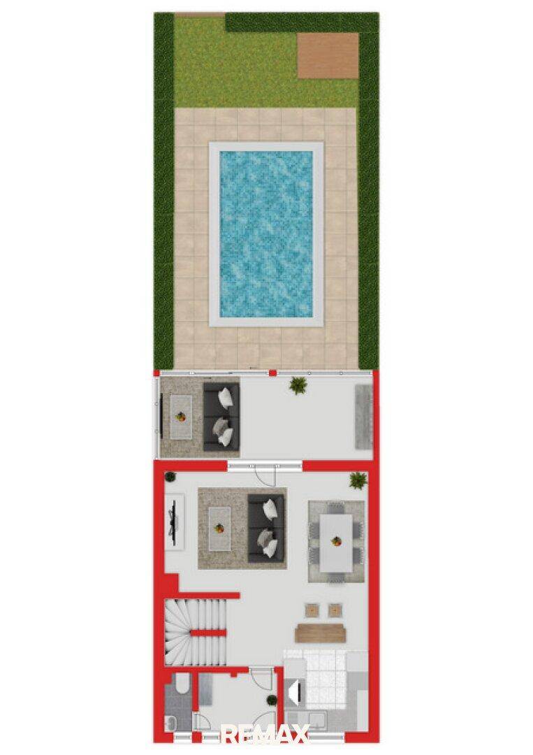 Gesamtgrundriss des Hauses mit Erdgeschoss, Obergeschoss und Garten mit Pool.