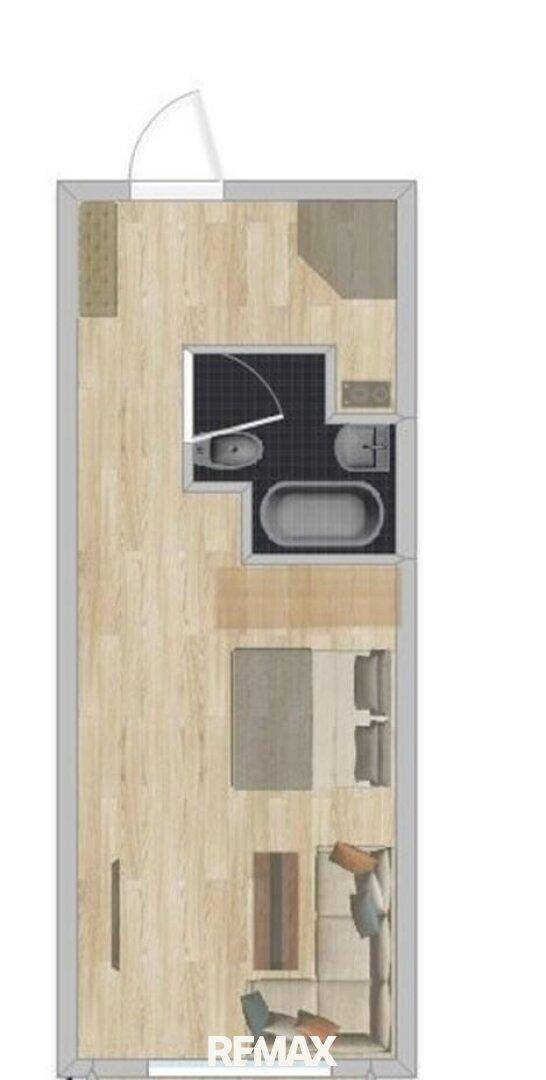 Grundriss einer schmalen Wohnung mit offenem Wohnbereich, Bad und Schlafbereich.