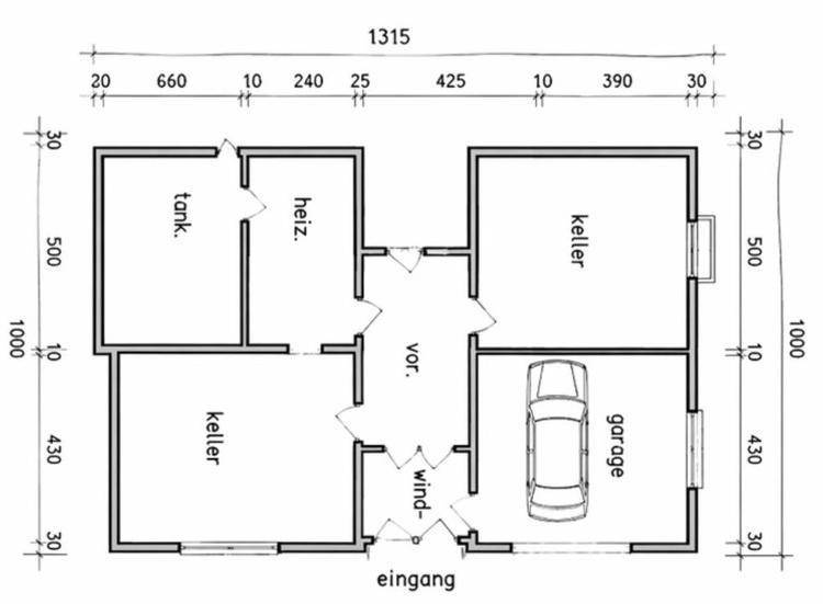 Grundriss des Untergeschosses mit Garage, Kellerräumen und Technikraum.