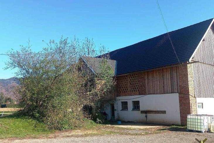 Seitenansicht eines ländlichen Gebäudes mit Holzelementen und Ziegelmuster unter einem dunklen Dach.