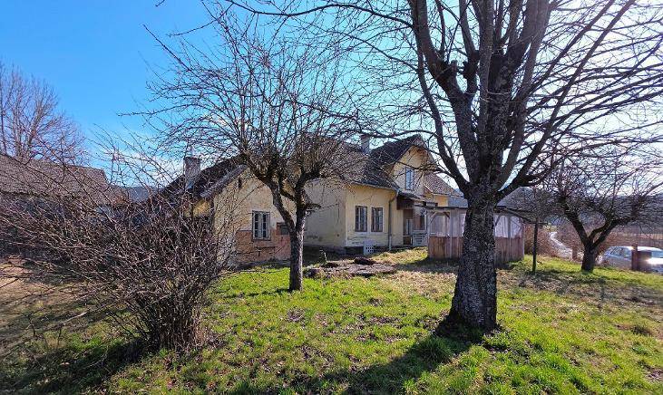 Älteres Wohnhaus mit gelber Fassade und Bäumen im Vordergrund, umgeben von Grünflächen.
