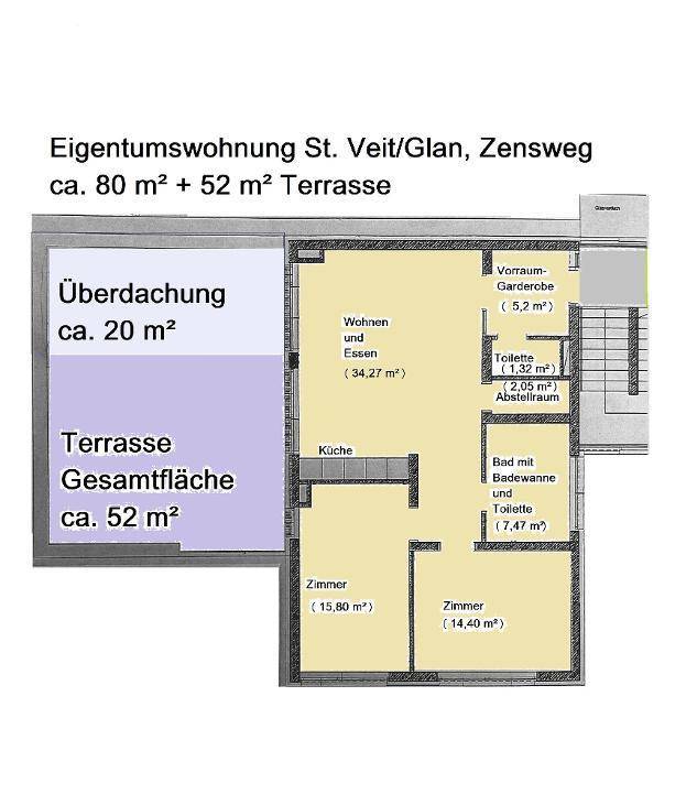 Grundriss einer Eigentumswohnung mit Wohn- und Essbereich, Küche, zwei Zimmern und Terrasse.