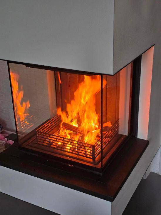 Moderner Kamin mit sichtbaren Flammen, der eine warme und einladende Atmosphäre schafft.