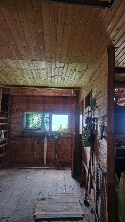 Innenraum mit Holzwänden, Holzdecke und Blick ins Grüne durch das Fenster.