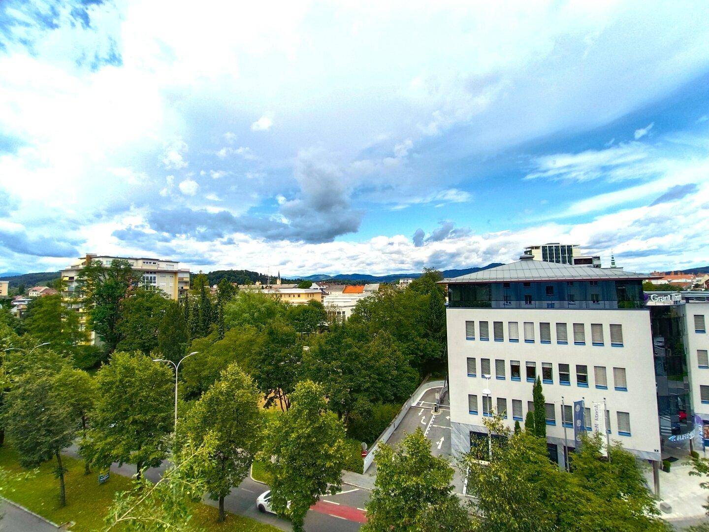 Panoramablick auf die Stadt mit grünen Baumkronen und modernen Bürogebäuden unter blauem Himmel.