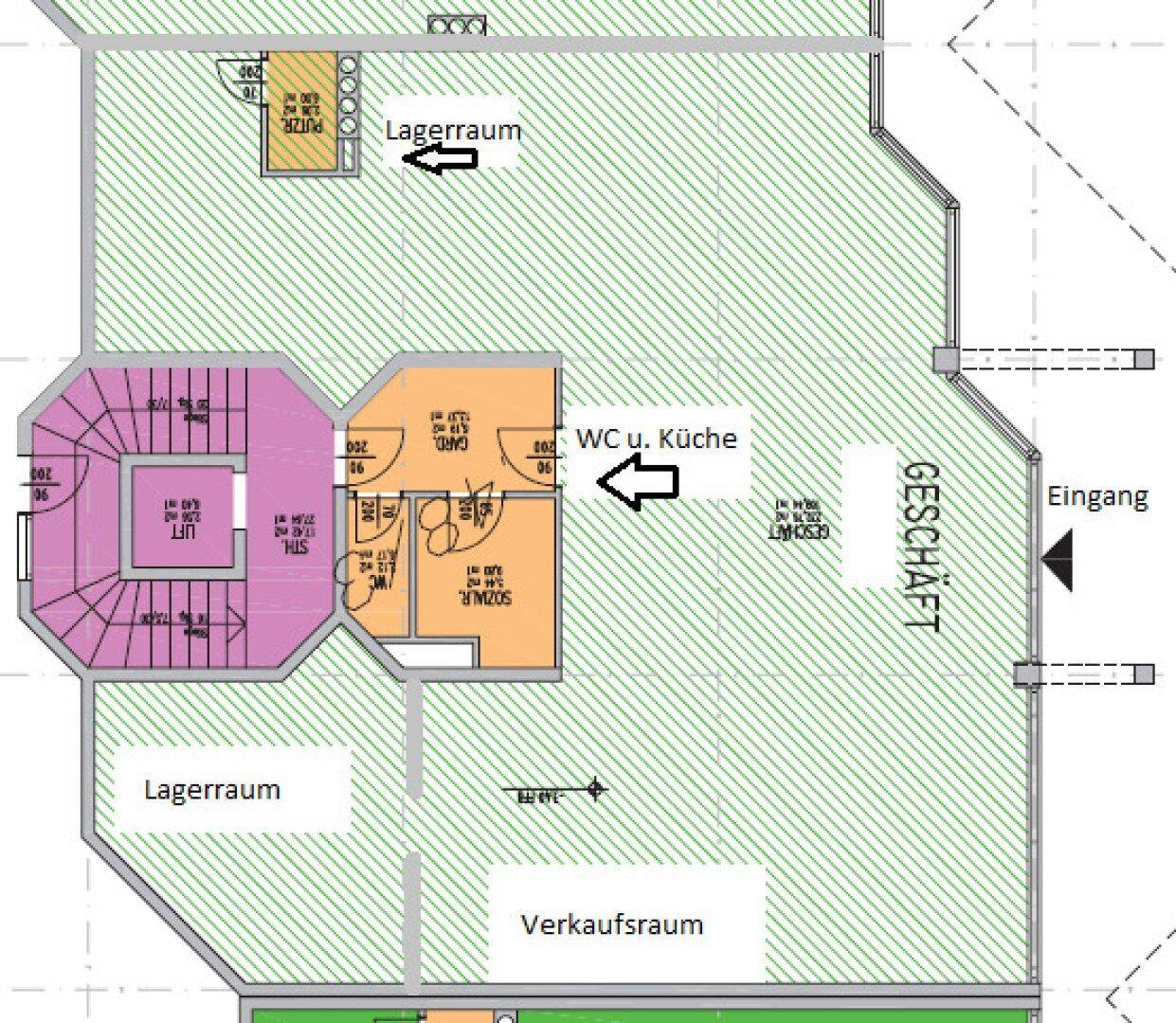 Grundrissplan eines Geschäfts mit Verkaufsraum, Lagerbereichen, WC, Küche und Zugang zum Aufzug.
