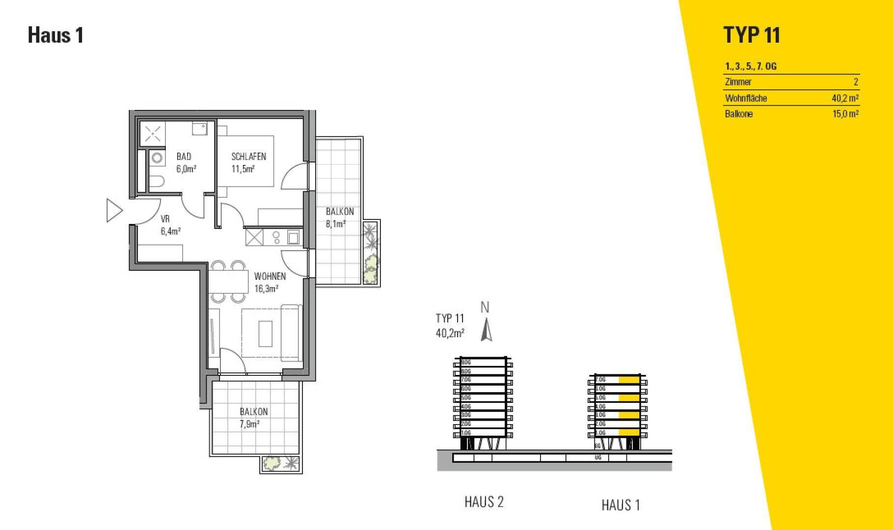 Grundriss einer Wohnung vom Typ 11 mit zwei Balkonen und funktionaler Raumaufteilung.