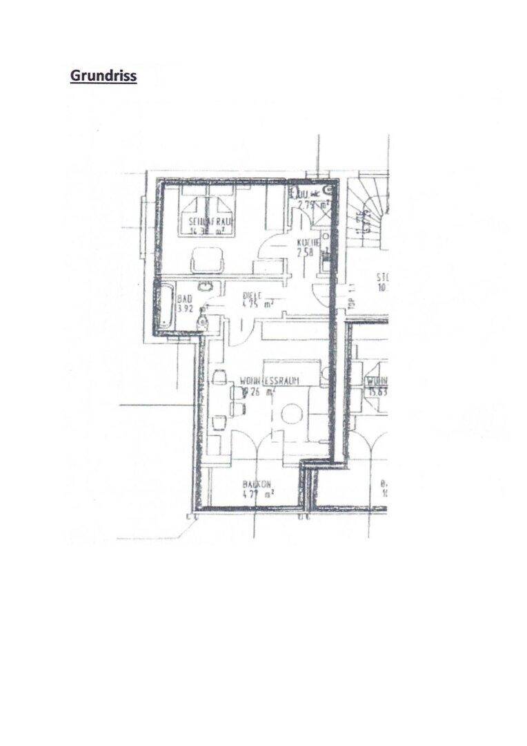 Detaillierter Grundriss einer Wohnung mit Schlafzimmer, Bad, Küche und offenem Wohn-Essbereich mit Balkon.
