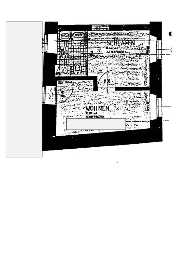 Grundriss mit Schlafzimmer, Wohnbereich und Badezimmer, gekennzeichnet mit Flächenangaben.